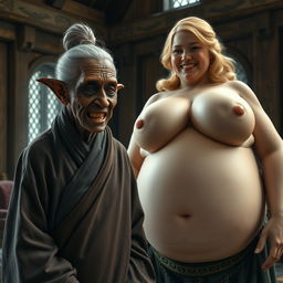 In a medieval room, an elderly black woman, short and malnourished, features crooked teeth and pointed ears