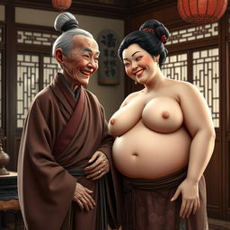 In a Ming Dynasty-era room, an elderly Chinese woman, short and emaciated, has crooked teeth and is dressed in a long, fully closed Buddhist robe