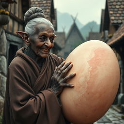 In a medieval village, an elderly black woman, short and frail, features rotten teeth and pointy ears, dressed in a long, fully closed Buddhist cloak