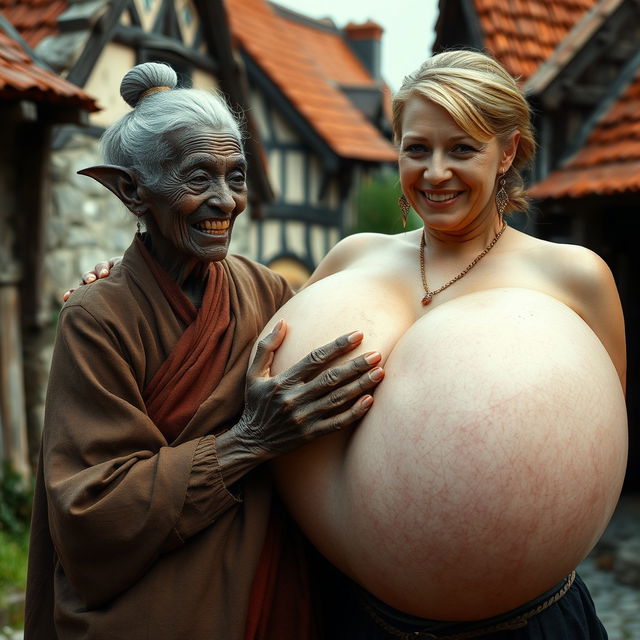 In a medieval village, an elderly black woman, short and frail, features rotten teeth and pointy ears, dressed in a long, fully closed Buddhist cloak