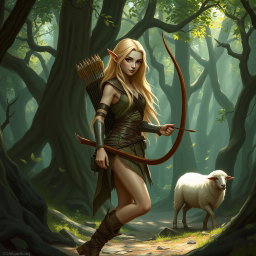 A slender elf with long light blonde hair, dressed in lightweight leather armor