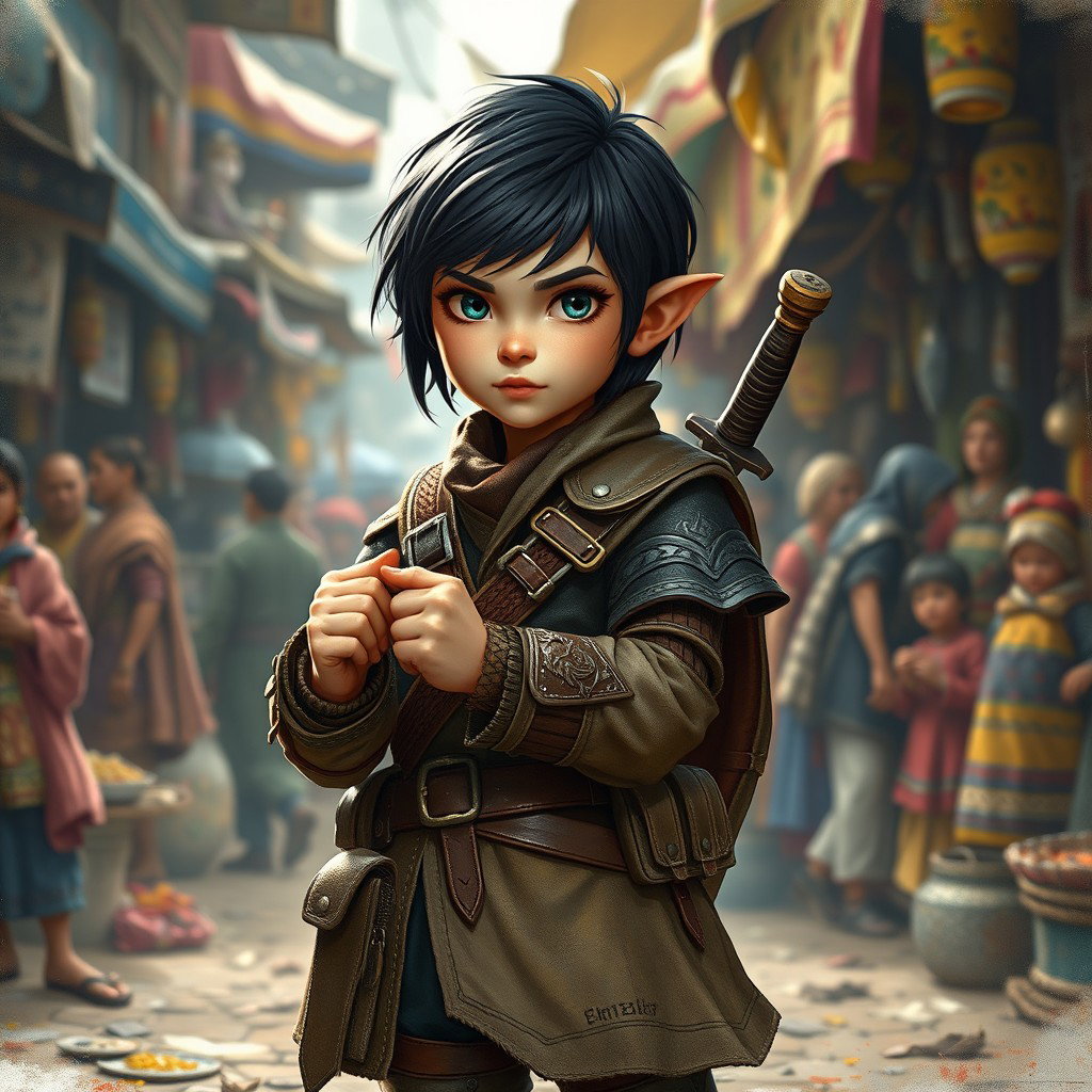 A short, agile halfling with dark short hair, dressed in leather armor equipped with numerous pockets and pouches on her belt