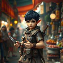 A short, agile halfling with dark short hair, dressed in leather armor equipped with numerous pockets and pouches on her belt