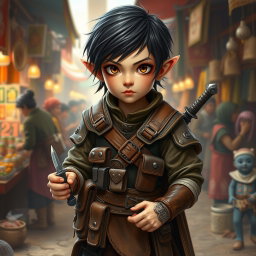 A short, agile halfling with dark short hair, dressed in leather armor equipped with numerous pockets and pouches on her belt