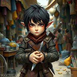 A short, agile halfling with dark short hair, dressed in leather armor equipped with numerous pockets and pouches on her belt