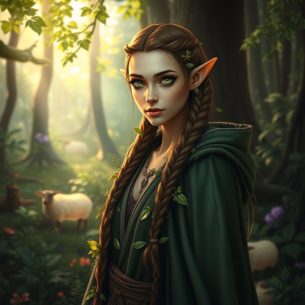 A tall, slender elven druid with striking green eyes, wearing a cloak adorned with leaves and natural embellishments
