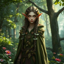 A tall, slender elven druid with striking green eyes, wearing a cloak adorned with leaves and natural embellishments
