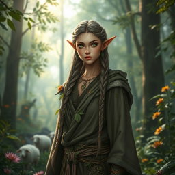 A tall, slender elven druid with striking green eyes, wearing a cloak adorned with leaves and natural embellishments
