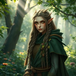 A tall, slender elven druid with striking green eyes, wearing a cloak adorned with leaves and natural embellishments