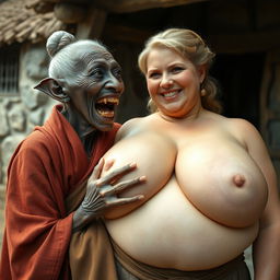 In a medieval village, an elderly black woman, short and emaciated, features rotten teeth and pointed ears, opening her mouth wide as if in astonishment