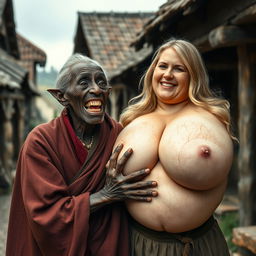 In a medieval village, an elderly black woman, short and emaciated, features rotten teeth and pointed ears, opening her mouth wide as if in astonishment