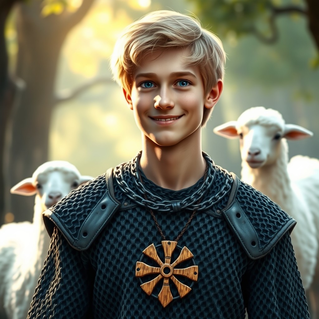 Elias, a kind-hearted cleric, depicted as a young man with light hair wearing simple but sturdy chainmail armor