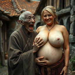 In a medieval village, an elderly black woman, short and emaciated, features rotten teeth and pointed ears, opening her mouth wide as if in astonishment