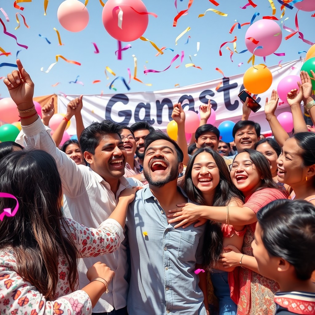 A vibrant celebration scene featuring a diverse group of people joyfully celebrating a victory