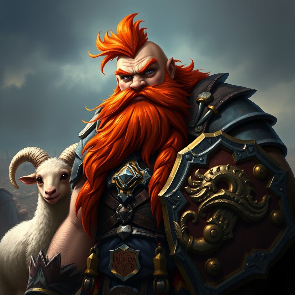 Brond, a stout dwarf paladin, featuring a well-built physique and a thick, fiery red beard that flows down his chest