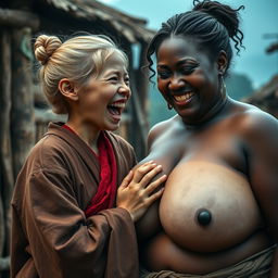In a poor medieval village setting, a young, very short, undernourished blonde woman with rotten teeth is opening her mouth and wears a long, fully-closed Buddhist robe, her hair styled in a bun