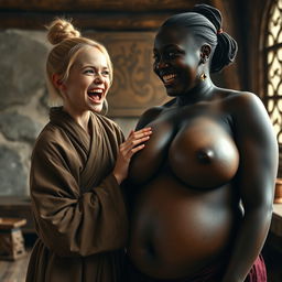 In a medieval room, a young, very short, undernourished blonde woman with rotten teeth is opening her mouth while wearing a long, fully-closed Buddhist robe