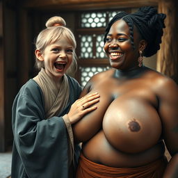 In a medieval room, a young, very short, undernourished blonde woman with blue eyes and rotten teeth is opening her mouth while wearing a long, fully-closed Buddhist robe