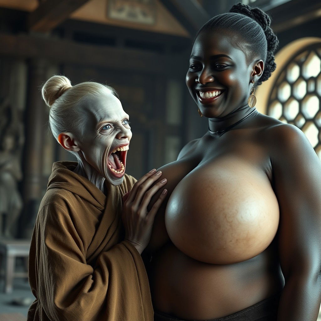 In a medieval room, a short, emaciated blonde woman with blue eyes and rotten teeth is opening her mouth, dressed in a long, fully enclosed Buddhist robe and with hair styled in a bun