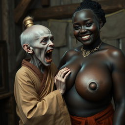 In a medieval room, a short, emaciated blonde woman with blue eyes and rotten teeth is opening her mouth, dressed in a long, fully enclosed Buddhist robe and with hair styled in a bun