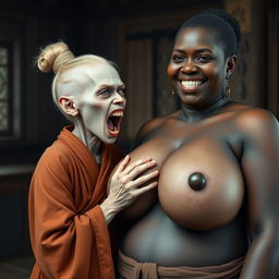In a medieval room, a short, emaciated blonde woman with blue eyes and rotten teeth is opening her mouth, dressed in a long, fully enclosed Buddhist robe and with hair styled in a bun