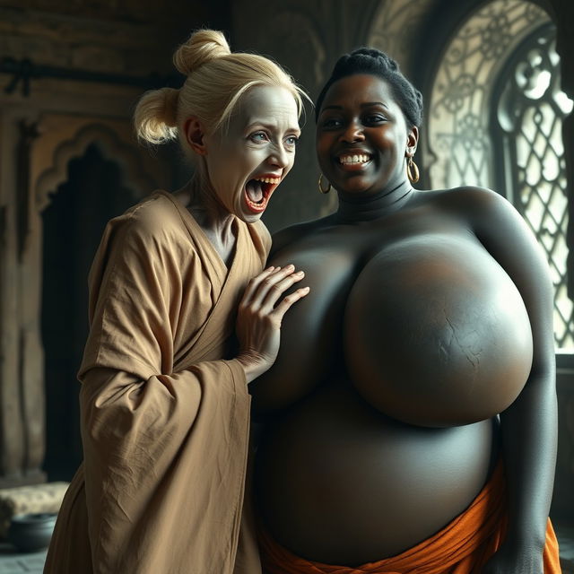 In a medieval room, a short, emaciated blonde woman with blue eyes and rotten teeth is opening her mouth, dressed in a long, fully enclosed Buddhist robe and with hair styled in a bun