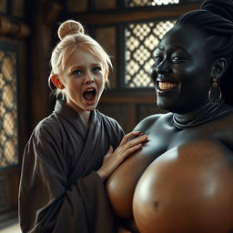 In a medieval room, a young blonde woman with blue eyes, notably short and emaciated, is opening her mouth while dressed in a long, fully closed Buddhist robe, sporting hair styled in a bun