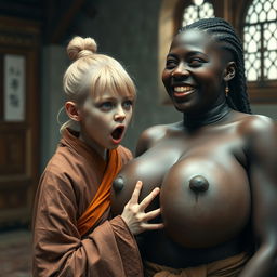 In a medieval room, a young blonde woman with blue eyes, notably short and emaciated, is opening her mouth while dressed in a long, fully closed Buddhist robe, sporting hair styled in a bun