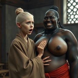 In a medieval room, a young blonde woman with blue eyes, notably short and emaciated, is opening her mouth while dressed in a long, fully closed Buddhist robe, sporting hair styled in a bun