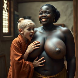 In an English medieval room, a young blonde woman with blue eyes, notably short and emaciated, is opening her mouth while dressed in a long, fully closed Buddhist robe with her hair styled in a bun