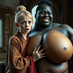 In an English medieval room, a young blonde woman with blue eyes, notably short and emaciated, is opening her mouth while dressed in a long, fully closed Buddhist robe with her hair styled in a bun