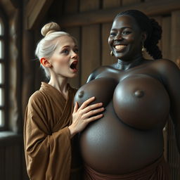 In an English medieval room, a young blonde woman with blue eyes, notably short and emaciated, is opening her mouth while dressed in a long, fully closed Buddhist robe with her hair styled in a bun