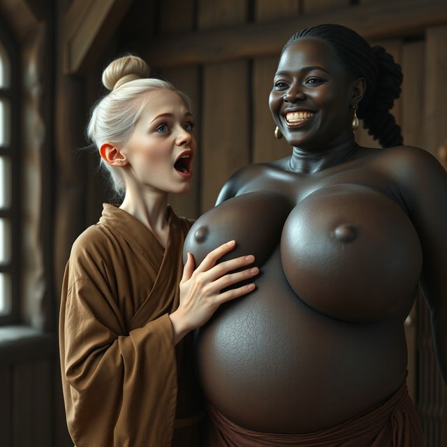 In an English medieval room, a young blonde woman with blue eyes, notably short and emaciated, is opening her mouth while dressed in a long, fully closed Buddhist robe with her hair styled in a bun