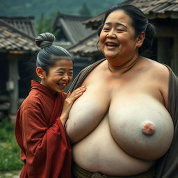 In a medieval village, a young Chinese woman, very short and emaciated with rotten teeth, is dressed in a long, fully closed Buddhist robe