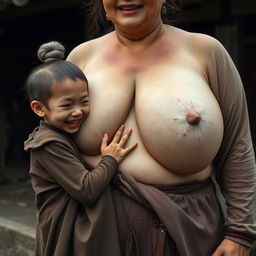In a medieval village, a young Chinese woman, very short and emaciated with rotten teeth, is dressed in a long, fully closed Buddhist robe