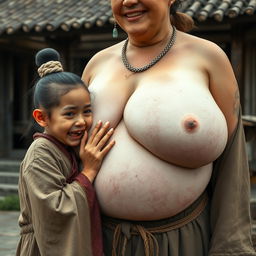 In a medieval village, a young Chinese woman, very short and emaciated with rotten teeth, is dressed in a long, fully closed Buddhist robe