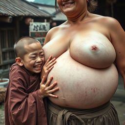 In a medieval village, a young Chinese woman, very short and emaciated with rotten teeth, is dressed in a long, fully closed Buddhist robe