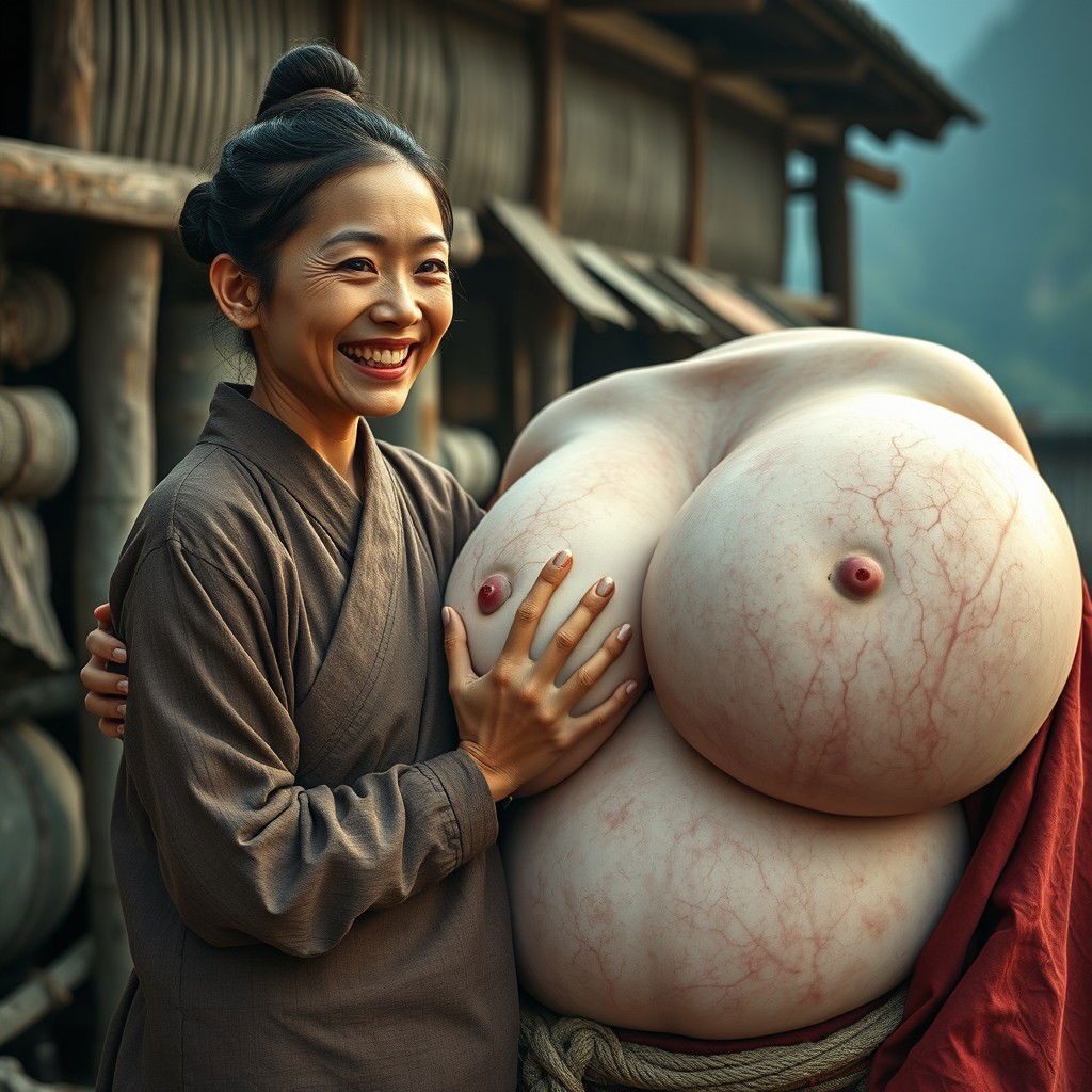 In a medieval village, a young Chinese woman, very short and emaciated with rotten teeth, is dressed in a long, fully closed Buddhist robe and has her hair styled in a bun