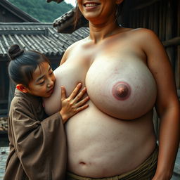 In a medieval village, a young Chinese woman, very short and emaciated with rotten teeth, is dressed in a long, fully closed Buddhist robe and has her hair styled in a bun