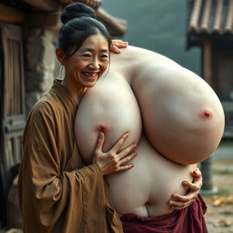 In a medieval village, a young Chinese woman, very short and emaciated with rotten teeth, is dressed in a long, fully closed Buddhist robe and has her hair styled in a bun