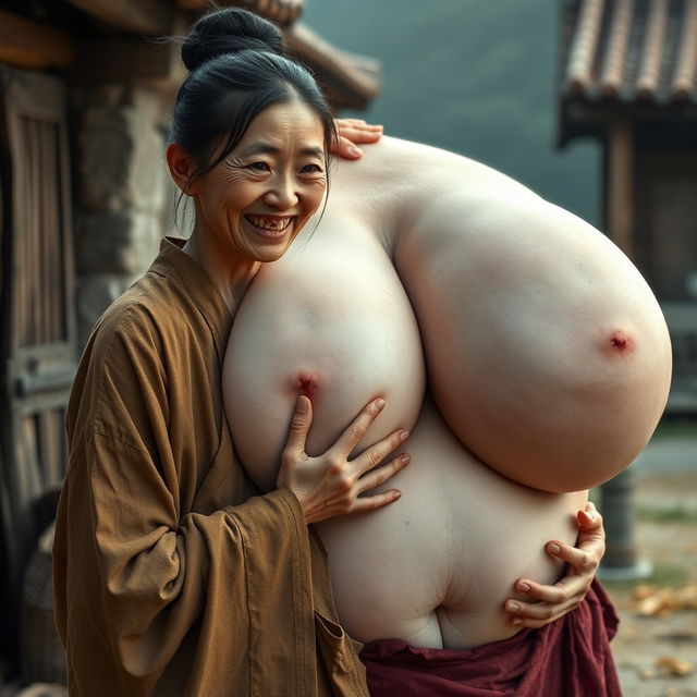 In a medieval village, a young Chinese woman, very short and emaciated with rotten teeth, is dressed in a long, fully closed Buddhist robe and has her hair styled in a bun