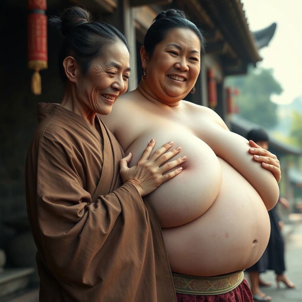 In a Chinese medieval village, a young Chinese woman, very short and emaciated with rotten teeth, is dressed in a long, fully closed Buddhist robe and has her hair styled in a bun