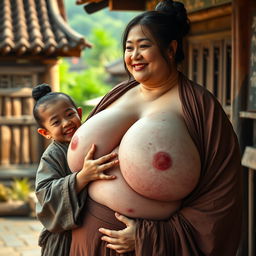 In a Chinese medieval village, a young Chinese woman, very short and emaciated with rotten teeth, is dressed in a long, fully closed Buddhist robe and has her hair styled in a bun