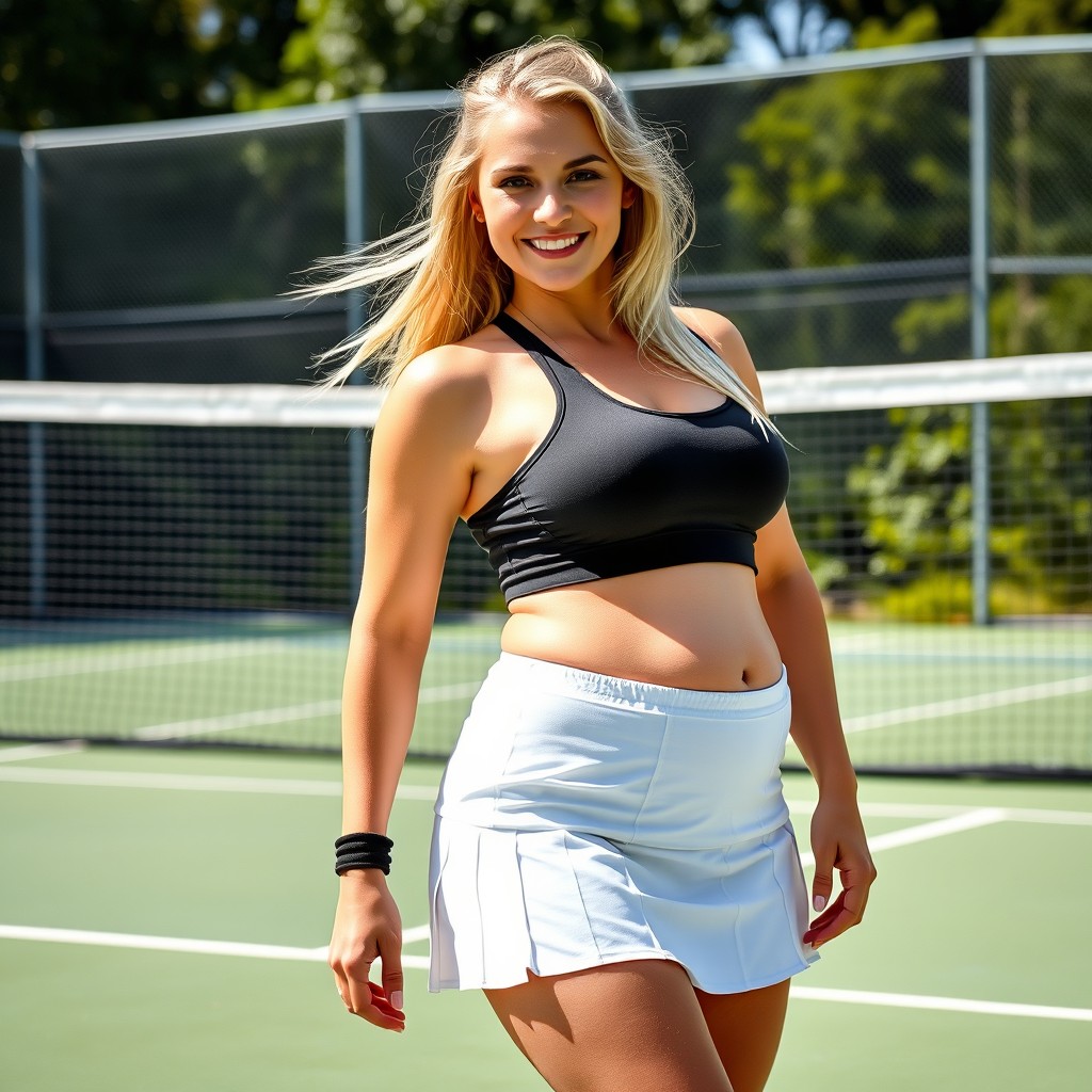 A playful and confident young blonde woman, 19 years old, wearing a stylish tennis outfit that includes a short skirt and tight top, which highlights her round beer belly