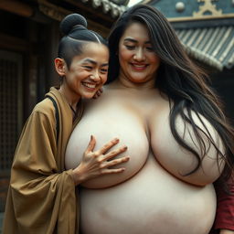 In a medieval Chinese village, a young Chinese woman, very short and emaciated with rotten teeth, wears a long, fully closed Buddhist cloak, her hair styled in a bun, adorned with medieval earrings