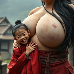 In a medieval Chinese village, a young Chinese woman, very short and emaciated with rotten teeth, wears a long, fully closed Buddhist cloak, her hair styled in a bun, adorned with medieval earrings
