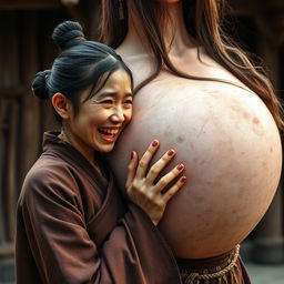 In a medieval Chinese village, a young Chinese woman, very short and emaciated with rotten teeth, is wearing a long, fully closed Buddhist cloak