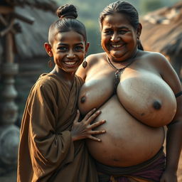 In a medieval Indian village, a young, very petite and malnourished Indian woman with decayed teeth is dressed in a long, fully-closed Buddhist robe
