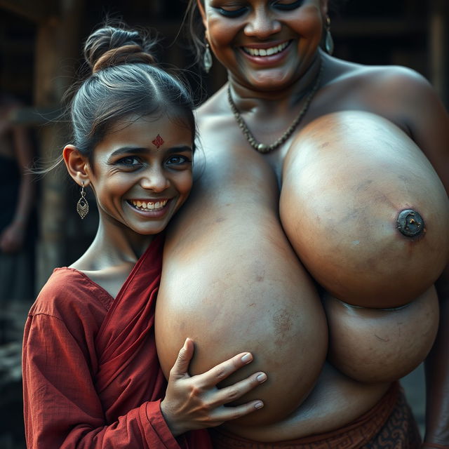 In a medieval Indian village, a young, very petite and malnourished Indian woman with decayed teeth is dressed in a long, fully-closed Buddhist robe