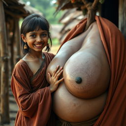 In a medieval Indian village, a young, very petite and malnourished Indian woman with decayed teeth is dressed in a long, fully-closed Buddhist robe